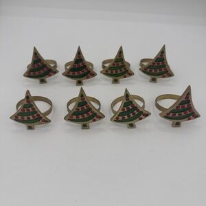 Vintage Brass Christmas Tree Napkin Rings Set of 8 Red Rhinestone Green Enamel